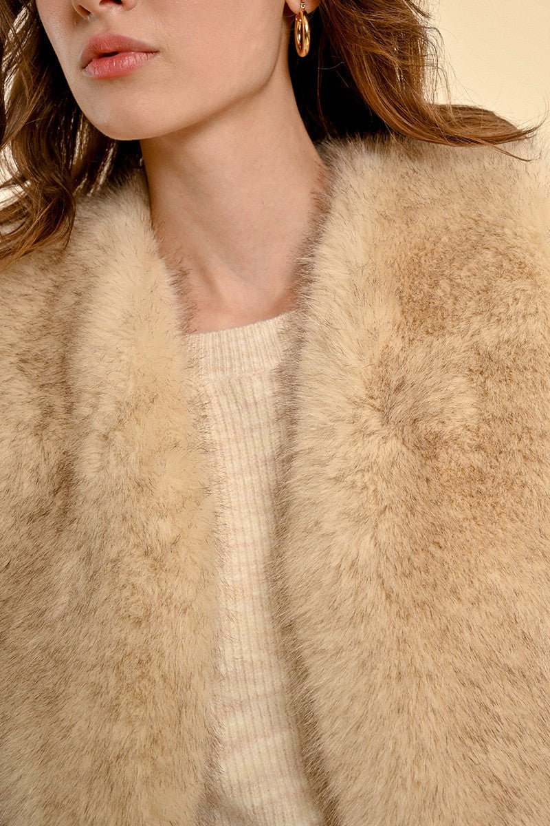 A person wearing a blue paisley-patterned dress and a fashion-forward Faux Fur Vest by Molly Bracken stands against a plain background.