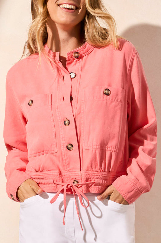 The Tribal BUTTON UP JACKET WITH DRAWCORD, in a stylish pink, features a button-up design with two front pockets and a waist drawstring, making it the perfect match for white pants this spring.