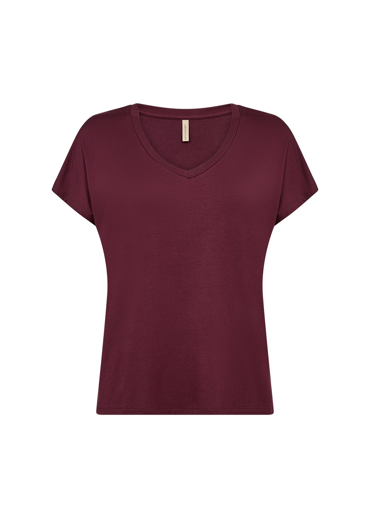 The Basic Marica Tee by Soya Concepts is a burgundy short-sleeve V-neck T-shirt made from a soft lyocell blend, set against a white background—a true wardrobe essential.