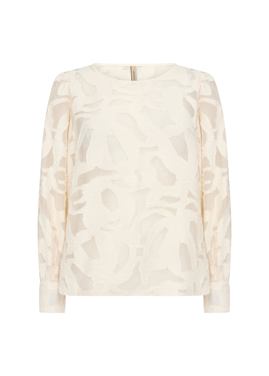 The Ibi 1 Mesh Top by Soya Concepts is a versatile, cream-colored blouse with long sleeves and a textured, abstract floral pattern.