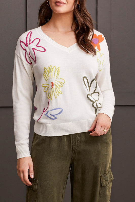 A person wearing a Tribal V-Neck Drop Shoulder Jacquard Sweater with colorful floral embroidery paired with green cargo pants stands against a dark wall. The person's face is not visible.