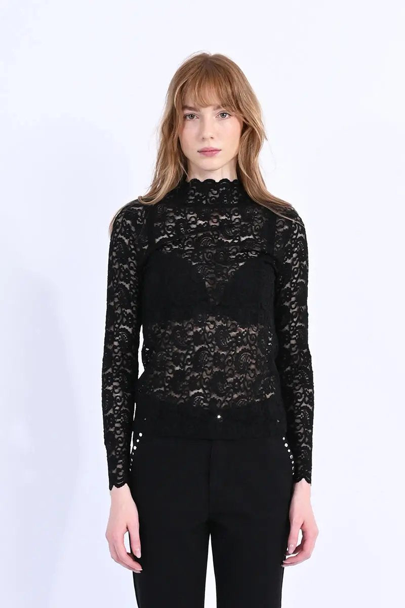 Lace Jersey High Neck Top Black S