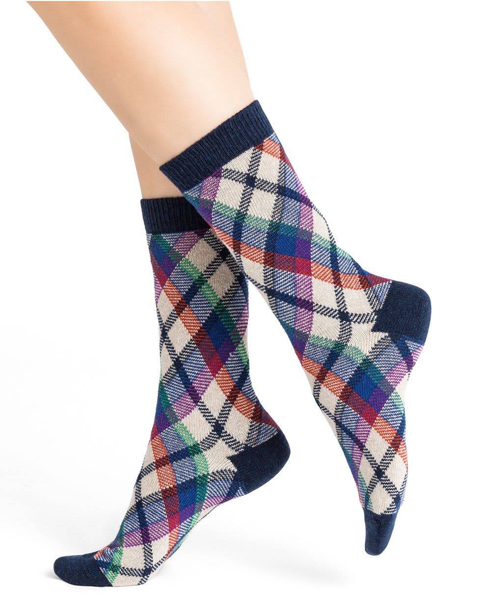 A woman's legs with Bleuforet Argyle Cashmere Socks.