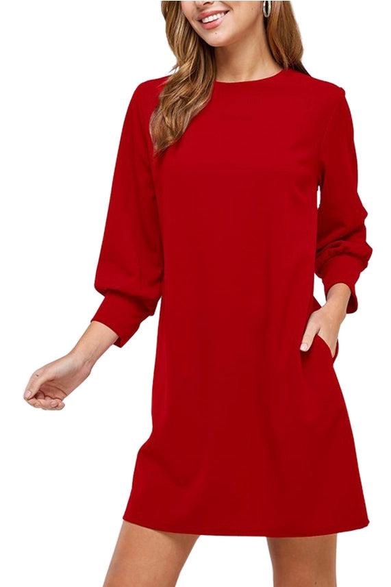 A woman wearing a timeless Vanilla Monkey solid shift dress with pockets and long sleeves.