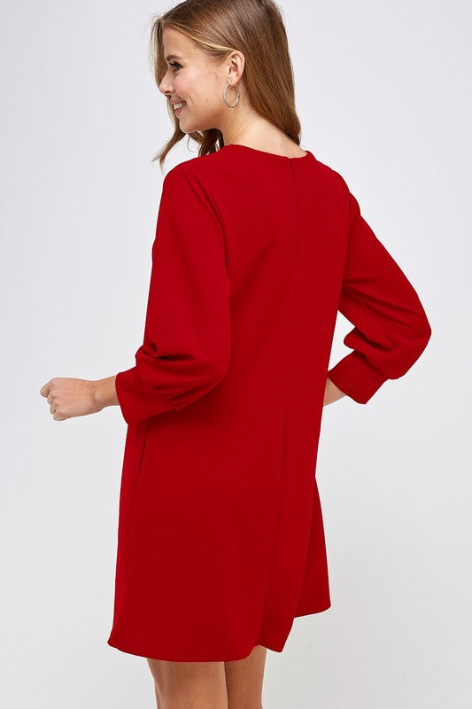 A woman wearing a timeless Vanilla Monkey solid shift dress with pockets and long sleeves.