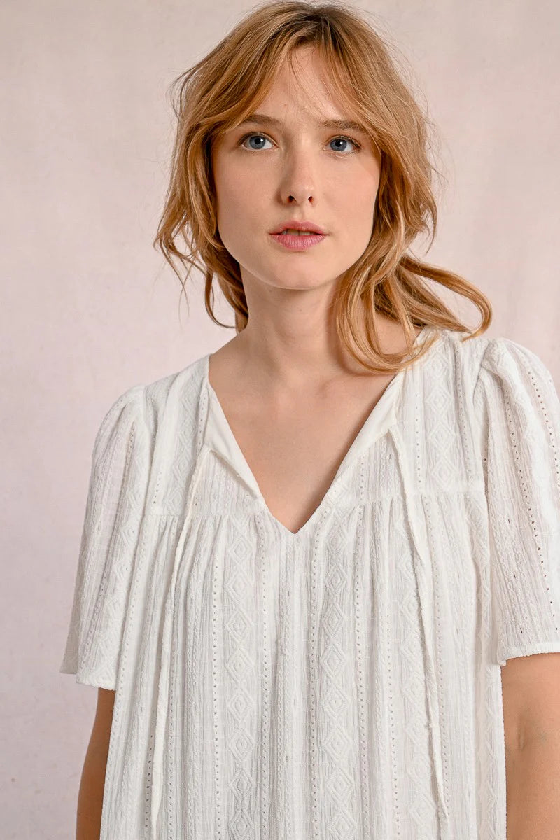 Someone in a Molly Bracken Off White Woven Dress with a v-neck and brown sandals stands against a plain background, looking to the side.