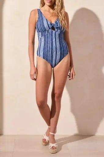 Tribal's Flatten Knot Front Swimsuit combines a blue and white striped pattern with a front knot design, featuring Flatten It® Technology in a comfy black one-piece style.