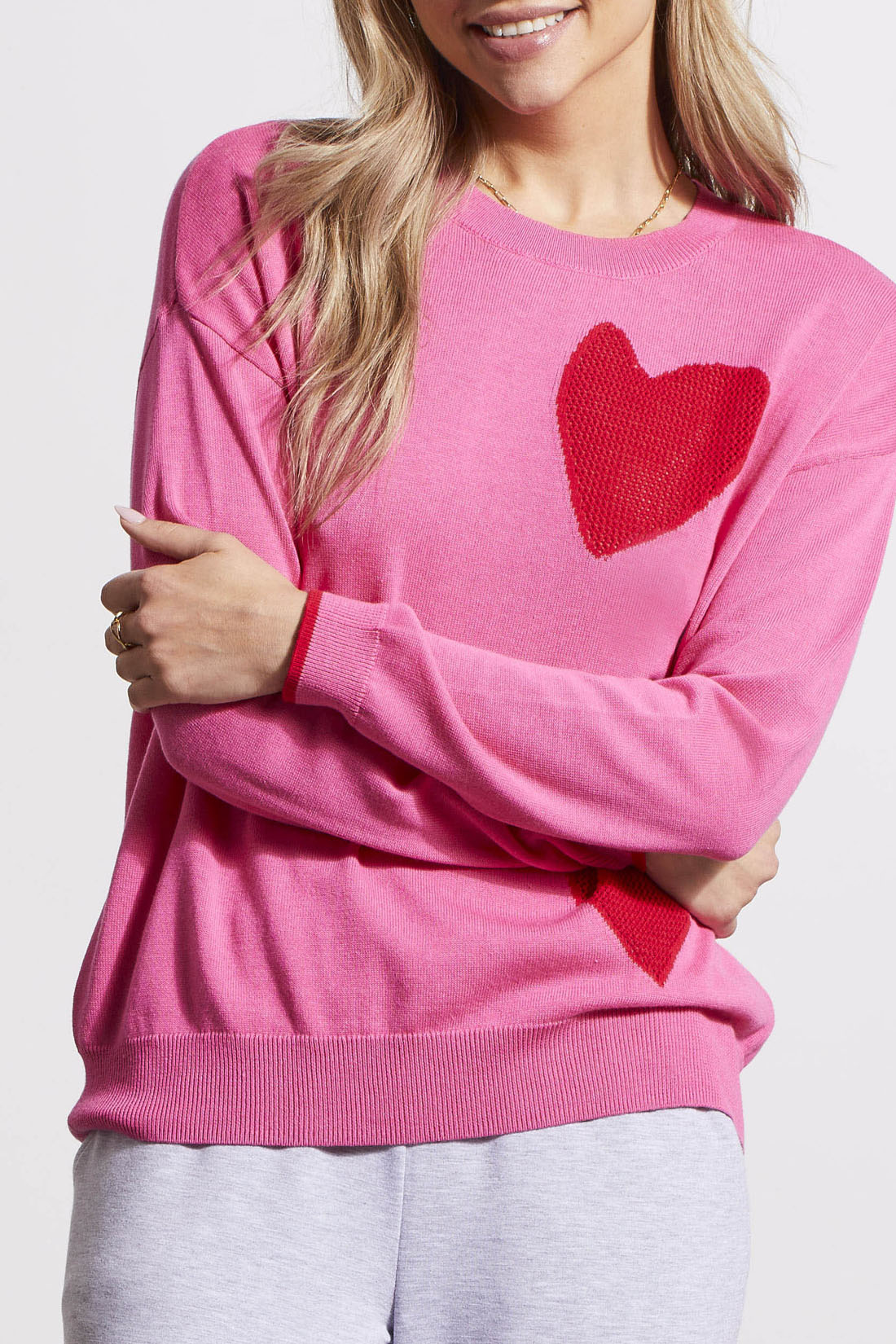 Crew Neck Sweater with Pointelle Hearts Tribal Strike The Pose